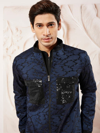 Men's Navy Blue Lycra Jacket,Kurta And Pant Set - Renavtrendz.com